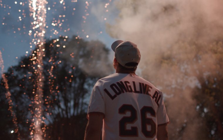 Image of a man in a basketball cap wearing a shirt that says along the back "Long Live Al" Looking up at fireworks. 